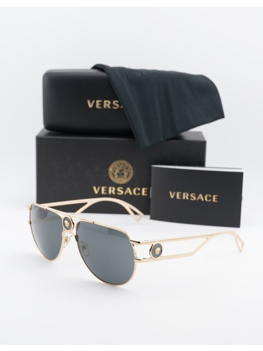 Versace VE2225 100287 Aviator Sunglasses - Gold / Grey